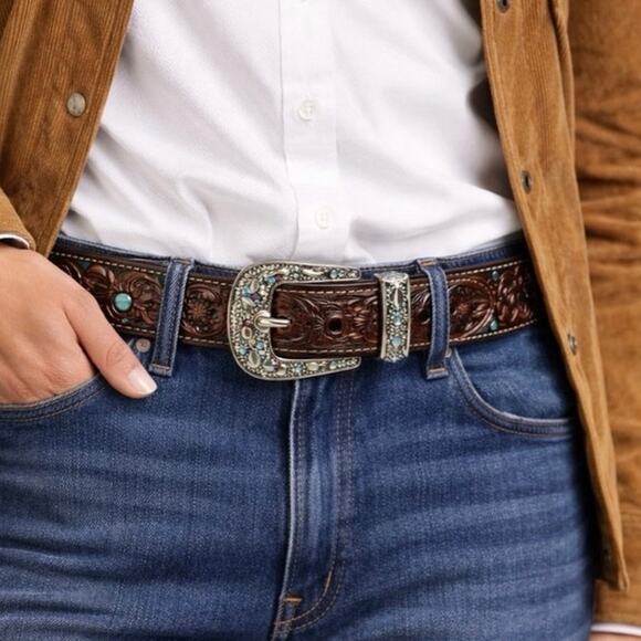 ARIAT WOMEN\'S BROWN TOOLED WITH TURQUOISE INLAY AND SILVER BUCKLE LEATHER BELT S main image 5